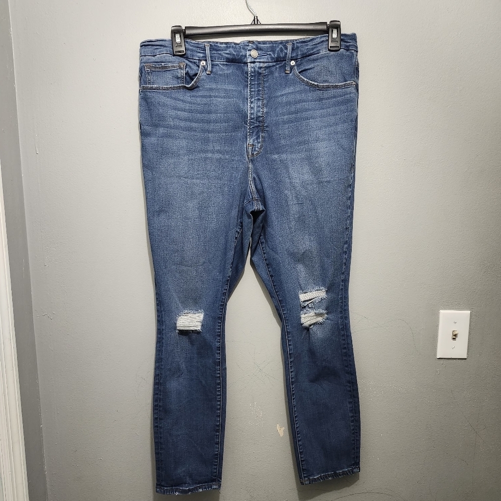 Good American Women's Skinny Jeans in Blue with Distressed Knees